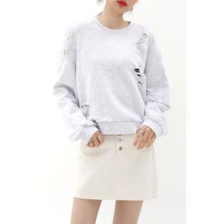 Distressed Frayed Sweatshirt Melange Gray - One Size