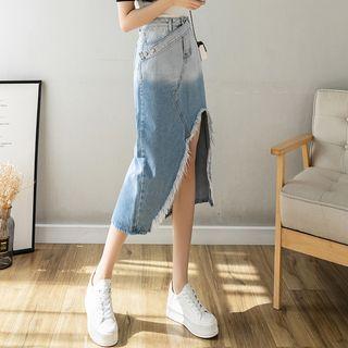 Asymmetrical Ombre Slit A-line Denim Skirt