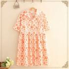 Pocket-front Tomato Print Short-sleeve Dress Tangerine - One Size