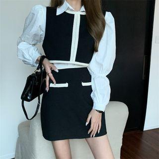 Set: Cropped Two-tone Sweater Vest + Knit Skirt