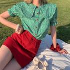 Short-sleeve Floral Print Shirt / Mini Fitted Denim Skirt