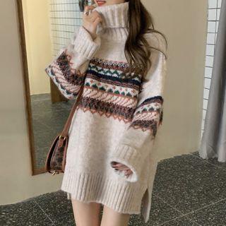 Patterned Turtleneck Sweater Beige & Brown & Green - One Size