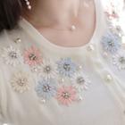 Floral-beaded Faux-pearl Button Cardigan