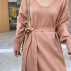Long-sleeve Knit Midi Dress Pink - One Size