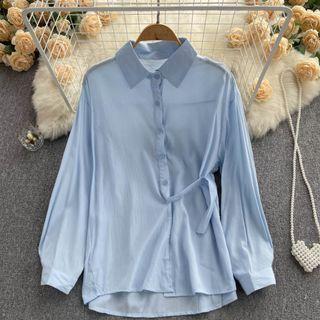 Long-sleeve Lapel Plain Lace-up Shirt