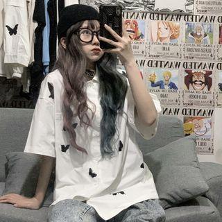 Detachable Sleeves Butterfly Print Shirt