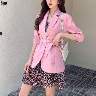 Set: Elbow-sleeve One-button Blazer + Spaghetti Strap Heart Print A-line Mini Dress