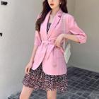 Set: Elbow-sleeve One-button Blazer + Spaghetti Strap Heart Print A-line Mini Dress