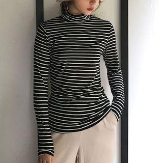 Turtleneck Stripe Long-sleeve T-shirt Stripe - Black & White - One Size