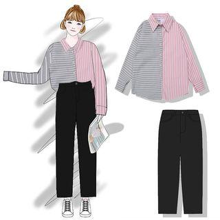 Striped Shirt / Straight-cut Jeans