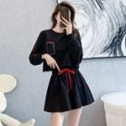 Set: Long-sleeve Lettering Cropped T-shirt + Drawstring Shorts