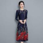 Long-sleeve Floral Midi A-line Knit Dress