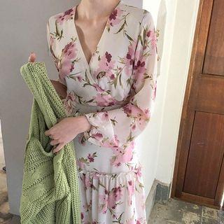 Frill-trim Floral Long Wrap Dress