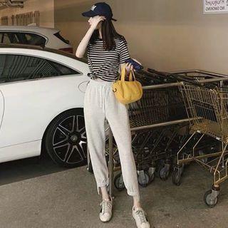 Set: Short Sleeve Striped Top + Drawstring Sweatpants