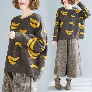 Banana Print Crew-neck Sweater As Shown In Figure - One Size