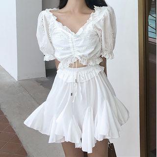 Ruffle Trim Eyelet Lace Short-sleeve Blouse / High Waist Skort