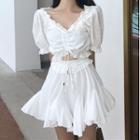 Ruffle Trim Eyelet Lace Short-sleeve Blouse / High Waist Skort