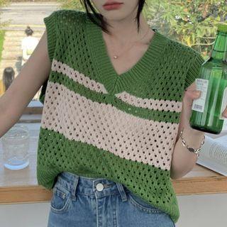 Two-tone Pointelle Knit Sweater Vest Green - One Size