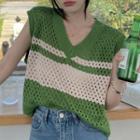 Two-tone Pointelle Knit Sweater Vest Green - One Size