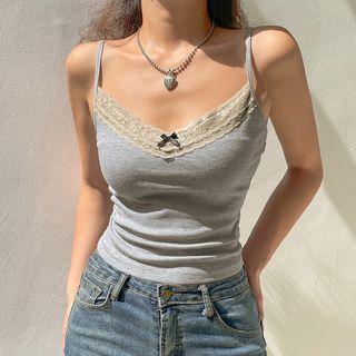 V-neck Lace-trim Bow Accent Crop Camisole Top