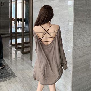 Open Back Long-sleeve Top Khaki - One Size