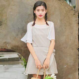 Set: Plain Elbow Sleeve Sheer Top + Plaid Spaghetti Strap Dress