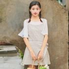 Set: Plain Elbow Sleeve Sheer Top + Plaid Spaghetti Strap Dress