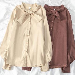 Puff Sleeve Tie-neck Stand Collar Blouse
