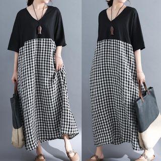 Plaid Panel Elbow-sleeve Midi Dress