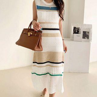 Set: Striped Pointelle Knit Midi Tank Dress + Slipdress