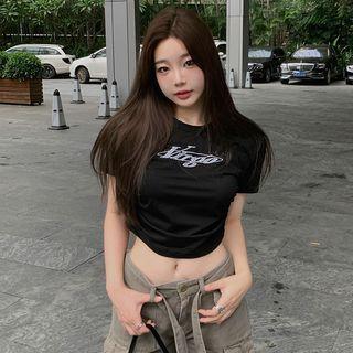Slim-fit Printed Crop T-shirt Black - One Size