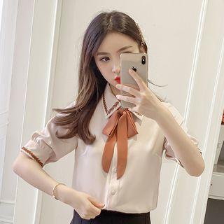 Elbow-sleeve Embroidered Trim Chiffon Shirt