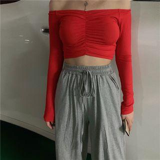 Long-sleeve Off-shoulder Ruffled Cropped Top