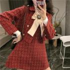 Set: Double-breasted Cropped Tweed Jacket + A-line Mini Pinafore Dress