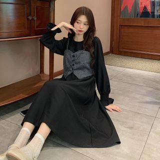 Set: Long-sleeve A-line Midi Dress + Plaid Camisole Top