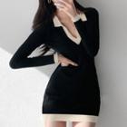Long-sleeve V-neck Contrast Trim Mini Bodycon Dress