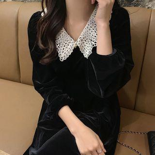 Eyelet Lace Collar Long-sleeve Midi Dress