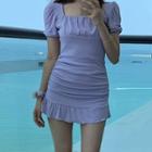 Ruched Short-sleeve Mini Sheath Dress Purple - One Size