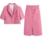 Short-sleeve Double-breasted Blazer / A-line Skirt