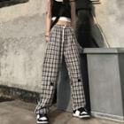 Heart Embroidered Plaid Drawstring Pants