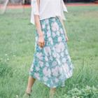 Floral Print Midi Skirt White Flowers - Green - One Size