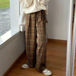 Tie-waist Plaid Wide Leg Pants