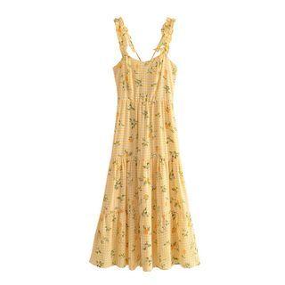 Spaghetti Strap Floral Print Frill Trim Maxi A-line Dress