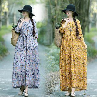 Floral 3/4-sleeve A-line Maxi Dress
