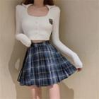 Square-neck Button-up Crop Top / High Waist Plaid Pleated Mini Skirt