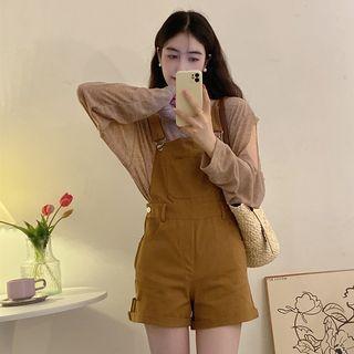 Long-sleeve Plain T-shirt / Denim Jumper Shorts