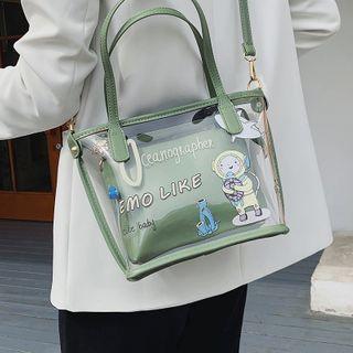 Set: Cartoon Print Transparent Tote Bag + Pouch
