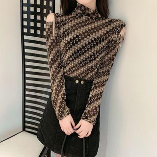 Long-sleeve Patterned Cold-shoulder Mock-neck Top Coffee - One Size