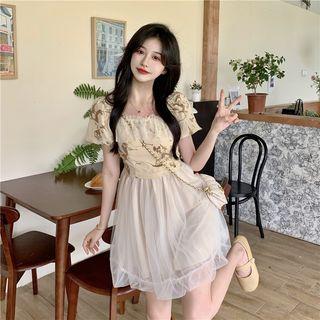 Puff-sleeve Mesh Mini A-line Dress Almond & White - One Size