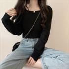 Puff-sleeve Crop Knit Top Black - One Size